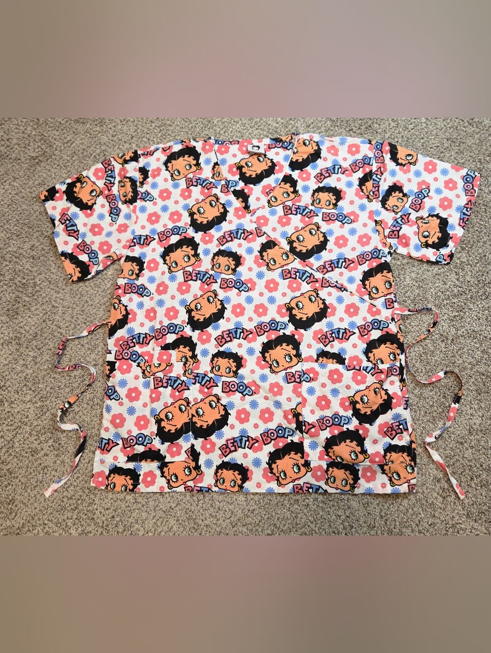 Betty Boop Pink Floral Cinch Side Tie Scrub Top